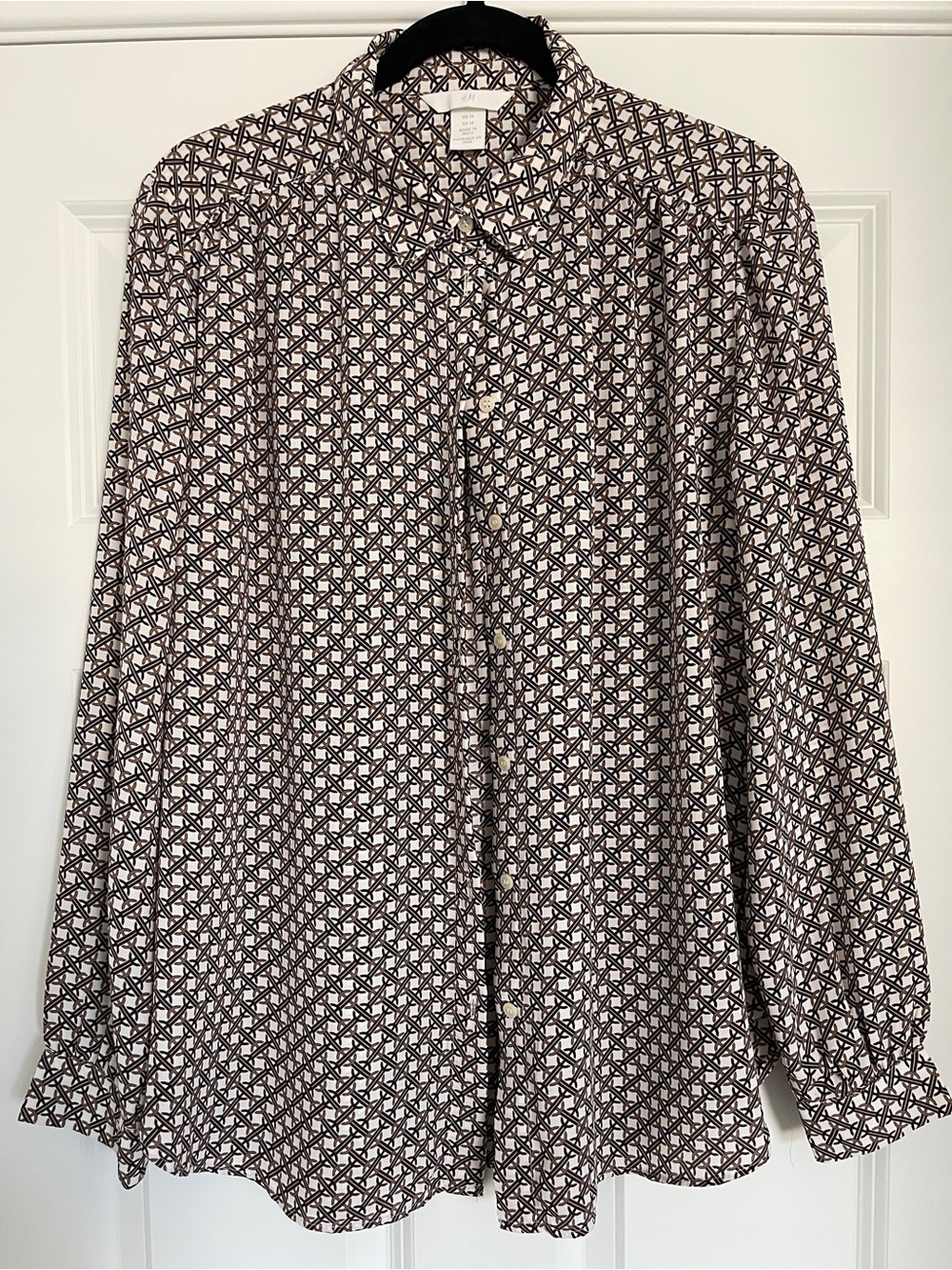 H&M Brown Cane Weave Print Long Sleeve Button Up Blouse Sz 14